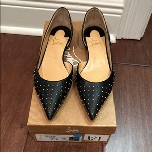 Christian Louboutin Iriza Black Leather & Gold Stud Flat
